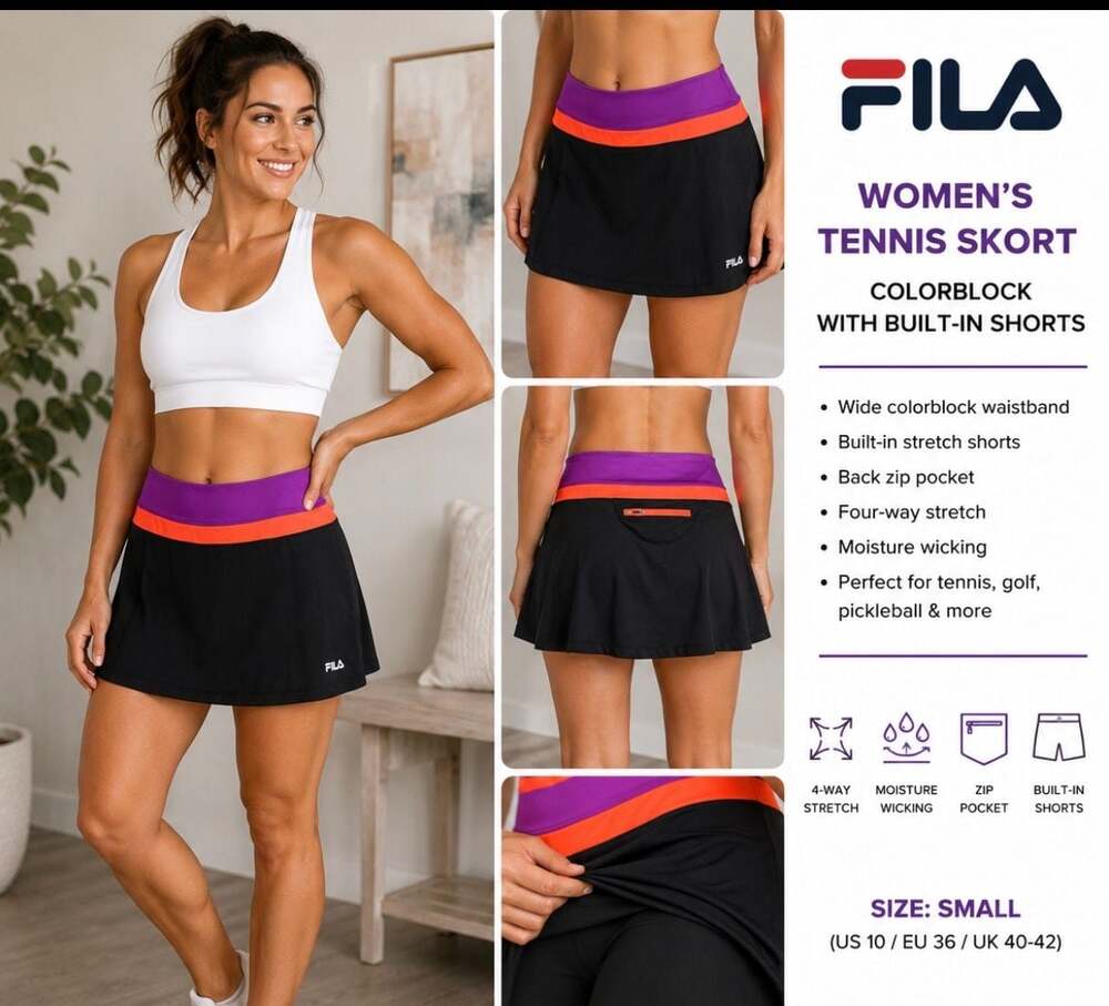 FILA Women’s Tennis Skort Size S Black Purple Orange Built-In Shorts